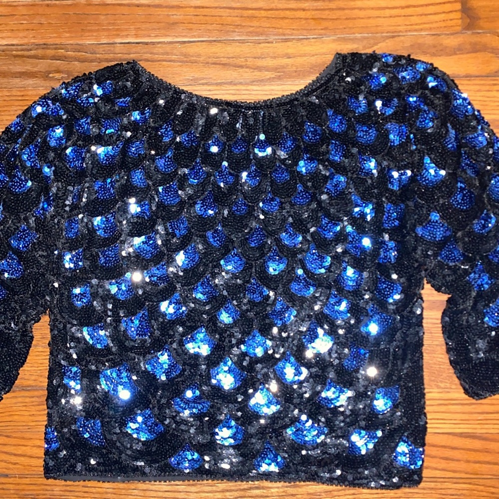 Vintage sequins bead Embellished Oriental Evening Formal Blouse Cocktail Top XL